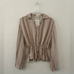 143 Story Lead Me On Tie Top Cream Stripe Long Sleeve Boho Size Small NWT